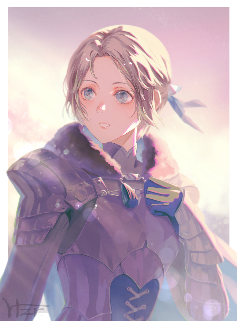 1girl armor blonde_hair breastplate commentary_request fire_emblem fire_emblem:_three_houses fur_trim gloves green_eyes hair_bun hair_ribbon ingrid_brandl_galatea looking_to_the_side parted_bangs parted_lips ribbon short_hair shoulder_armor simple_background smile solo upper_body vambraces yuimiduki