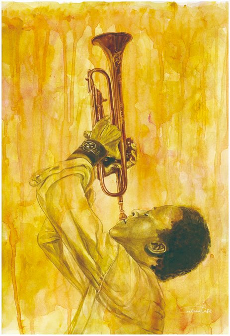1boy artworksmil instrument music original painting_(medium) playing_instrument realistic solo traditional_media trumpet watercolor_(medium)