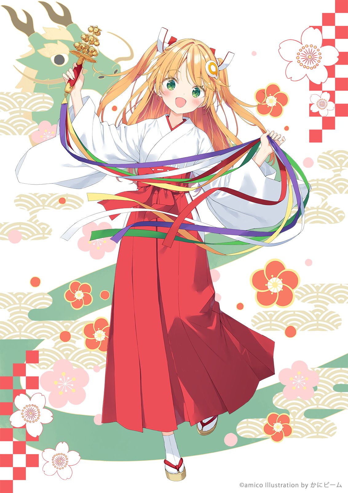 1girl :d amiami_(company) amico bell blonde_hair blush brown_footwear checkered_background chinese_zodiac commentary_request egasumi full_body green_eyes hair_ornament hakama hakama_skirt highres holding japanese_clothes jingle_bell kagura_suzu kani_biimu kimono long_hair long_sleeves looking_at_viewer open_clothes red_hakama skirt smile socks solo standing standing_on_one_leg tabi two_side_up very_long_hair white_background white_kimono white_socks wide_sleeves year_of_the_dragon zouri