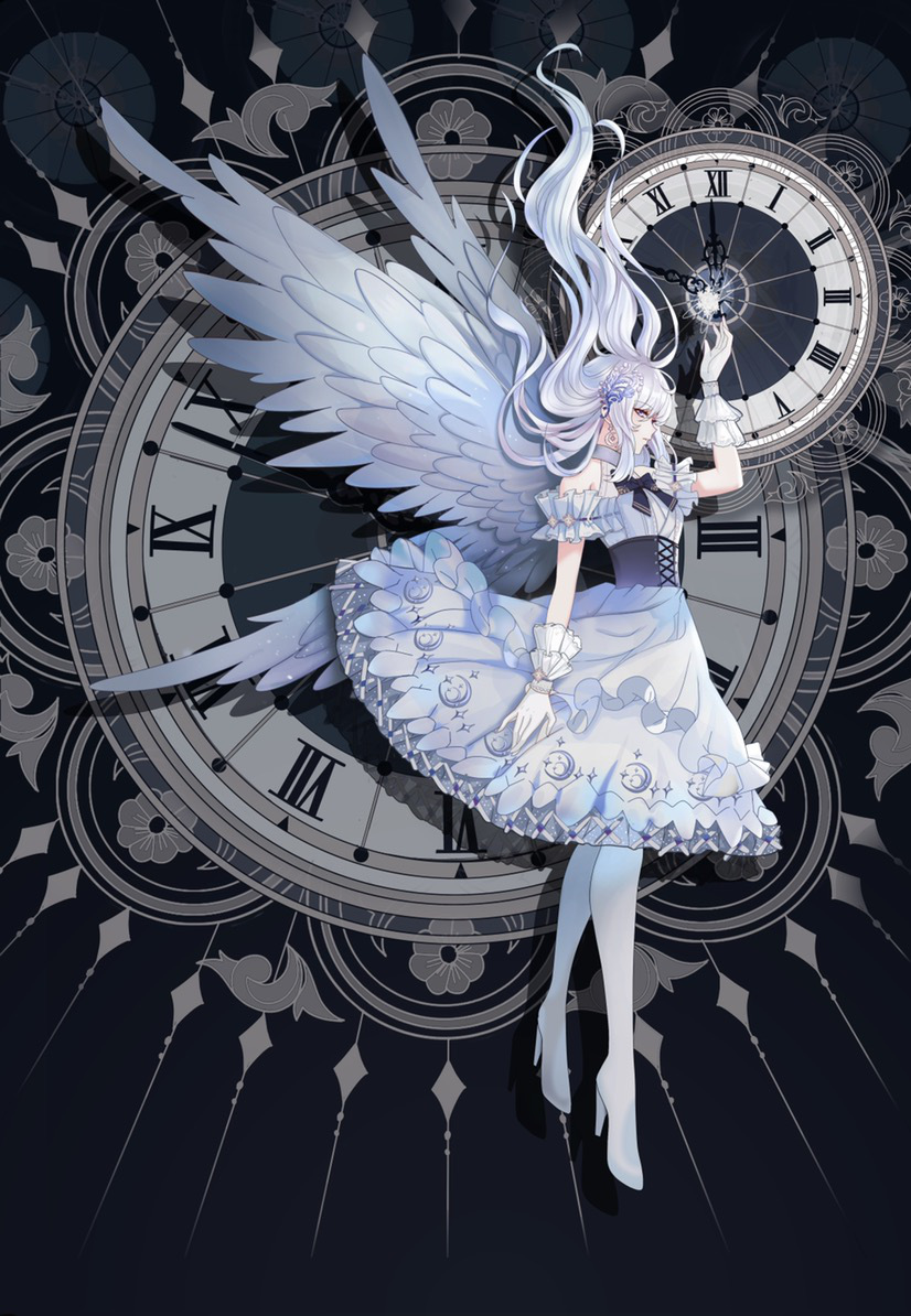 1girl angel_wings bare_shoulders black_background black_bow black_bowtie black_corset boots bow bowtie chinese_commentary clock commentary_request corset crescent_print detached_sleeves dress earrings feathered_wings floating_hair flower frilled_dress frilled_gloves frilled_sleeves frills full_body gloves grey_choker grey_wrist_cuffs hair_flower hair_ornament half-closed_eyes high_heel_boots high_heels jewelry long_hair looking_at_viewer medium_dress multiple_wings original outstretched_arm purple_flower shan_gui_yu_yao short_sleeves sleeveless sleeveless_dress solo star_bit thigh_boots white_dress white_footwear white_gloves white_hair white_sleeves white_wings wings wisteria wrist_cuffs yellow_eyes