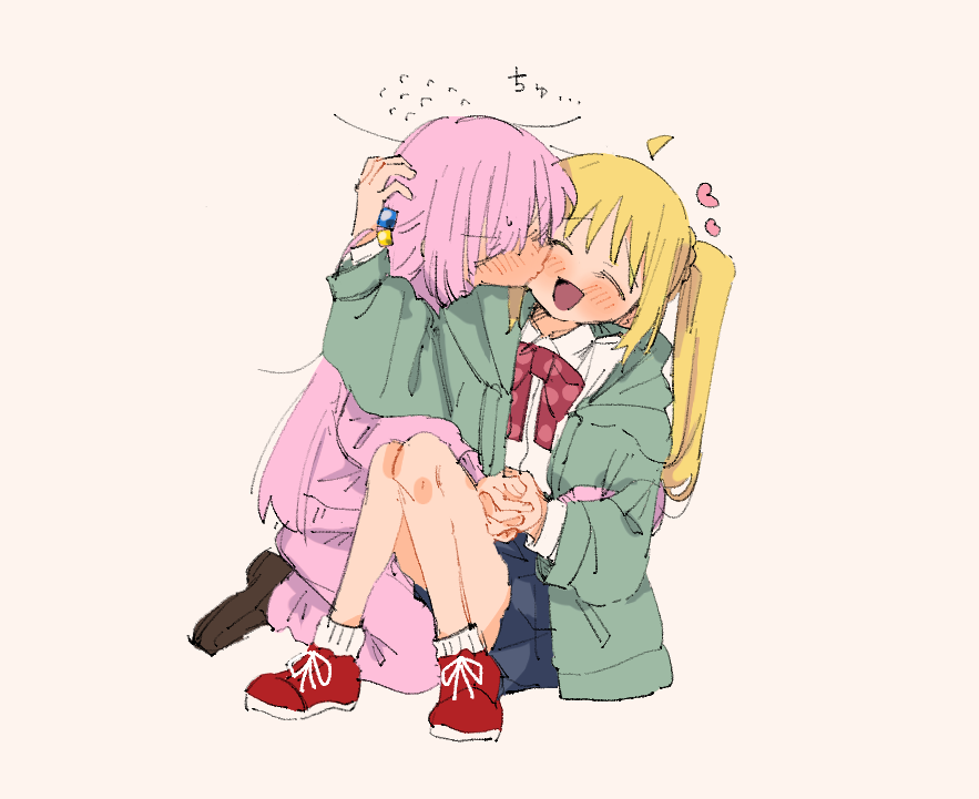 2girls ahoge blonde_hair blue_skirt blush bocchi_the_rock! bow bowtie brown_footwear closed_eyes collared_shirt commentary cube_hair_ornament d3g_takahashi detached_ahoge dress_shirt gotoh_hitori green_jacket hair_ornament hand_on_another's_head heart holding_hands hood hooded_jacket ijichi_nijika interlocked_fingers jacket kiss kissing_cheek kneeling long_hair long_sleeves multiple_girls one_side_up open_clothes open_jacket open_mouth pants pink_hair pink_jacket pink_pants pink_track_suit pleated_skirt red_bow red_bowtie red_footwear school_uniform shirt side_ponytail simple_background sitting skirt white_background white_shirt yuri