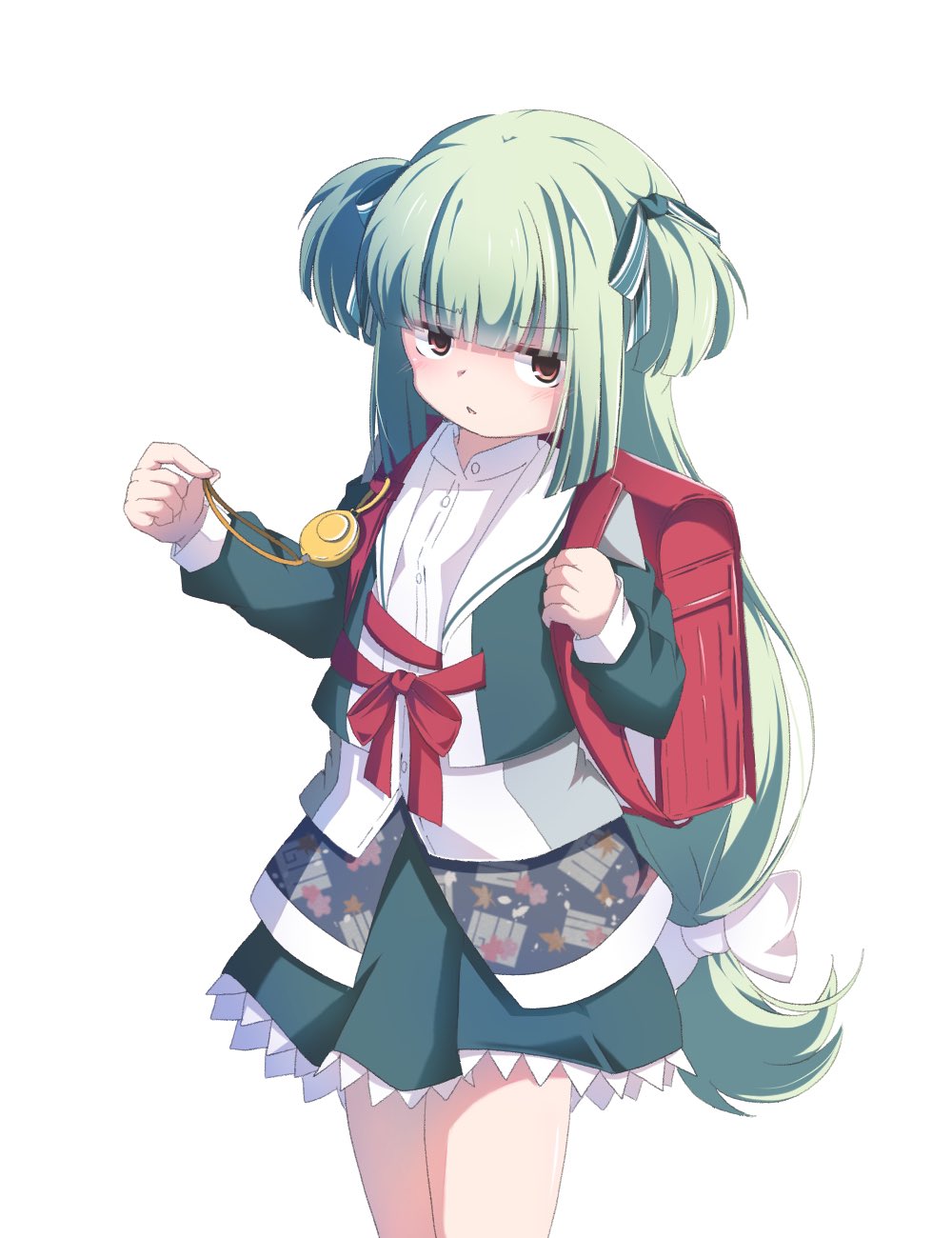 1girl backpack bag blunt_bangs blunt_ends bow collared_shirt commentary cowboy_shot crime_prevention_buzzer cropped_jacket frilled_skirt frills fuyu_(winter90290612) green_hair green_jacket green_ribbon green_skirt hair_bow hair_ribbon hand_up highres hime_cut jacket jitome light_blush long_hair long_sleeves looking_at_viewer low-tied_long_hair murasame_(senren) official_alternate_costume official_alternate_hairstyle open_clothes open_jacket parted_lips red_bag red_eyes red_ribbon ribbon school_uniform senren_banka shirt sidelocks simple_background skirt solo standing straight_hair two_side_up upturned_eyes very_long_hair white_background white_bow white_shirt
