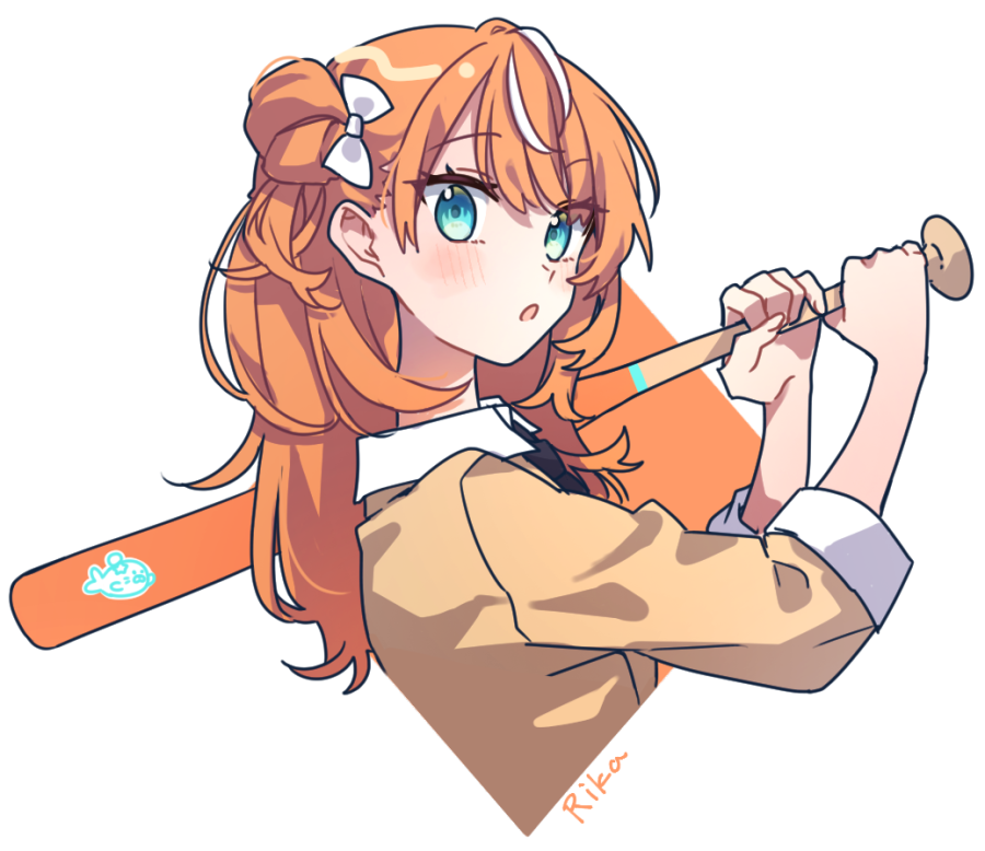 1girl :o baseball_bat blue_eyes blue_necktie blush bow brown_jacket character_name collared_shirt commentary cropped_torso hair_bow hair_bun holding holding_baseball_bat igarashi_rika jacket kashikaze long_hair looking_at_viewer multicolored_hair necktie nijisanji open_mouth orange_hair school_uniform shirt simple_background sleeves_past_elbows solo streaked_hair transparent_background upper_body virtual_youtuber white_bow white_hair white_shirt