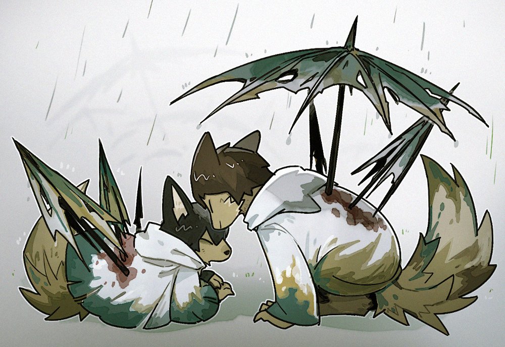 1boy 1girl animal_ears animalization black_hair blood blood_on_clothes brown_fur brown_hair drifting_fox e.g.o_(project_moon) flaw_eight fox fox_ears fox_tail impaled limbus_company outis_(project_moon) project_moon rain raincoat simple_background snout tail umbrella white_background yi_sang_(project_moon)