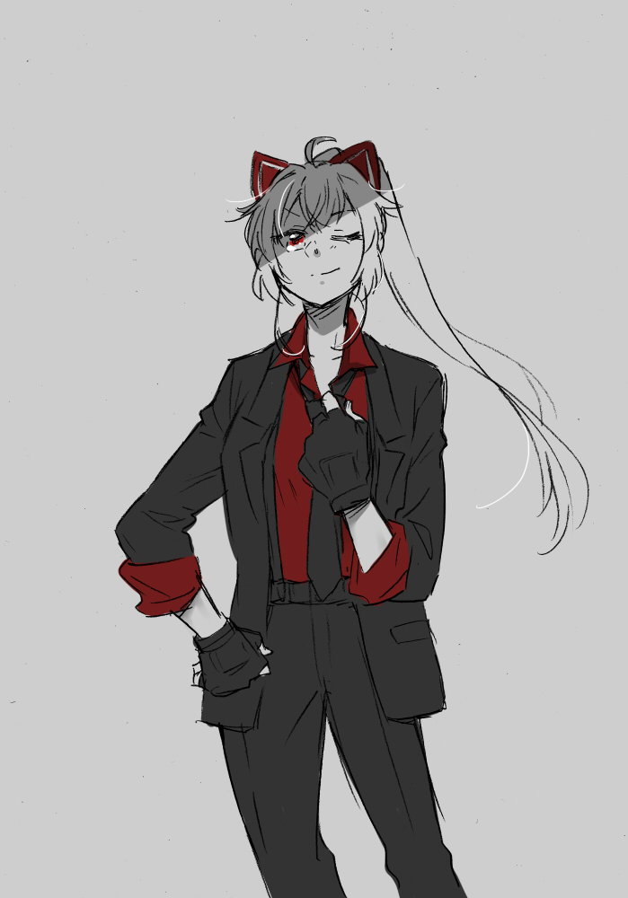 1girl adjusting_clothes adjusting_necktie animal_ears assault_lily black_gloves black_jacket black_necktie black_pants black_suit cat_ears closed_mouth collared_shirt commentary_request cowboy_shot fake_animal_ears gloves grey_background hand_on_own_hip hand_up high_ponytail jacket kondou_misaka long_hair long_sleeves looking_at_viewer loose_necktie necktie one_eye_closed open_clothes open_jacket pant_suit pants partially_colored partially_fingerless_gloves ponytail red_eyes red_shirt santouka shirt simple_background sleeves_rolled_up smirk solo standing suit v-shaped_eyebrows