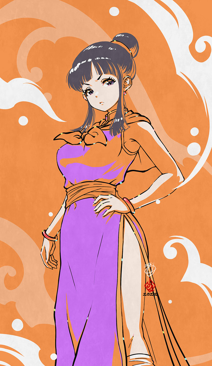 1girl black_hair bracelet breasts capelet chi-chi_(dragon_ball) china_dress chinese_clothes dragon_ball dragon_ball_(classic) dress hair_bun hand_on_own_hip highres jewelry kanchiyo large_breasts limited_palette long_dress purple_dress sash short_hair side_slit single_hair_bun solo updo violet_eyes