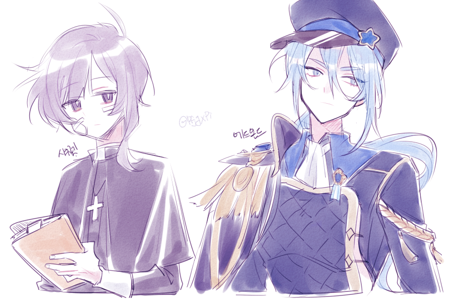 &gt;:( 2boys androgynous bandaid bandaid_on_face black_capelet black_headwear blue_eyes blue_hair bright_pupils capelet cross cross_necklace edmond_(nu_carnival) frown gold_trim happy_saint_sheol holding holding_paper jewelry light_blue_hair looking_to_the_side low_ponytail multiple_boys necklace nu_carnival paper pfjgxpi priest purple_hair securett_rafe v-shaped_eyebrows violet_eyes white_background white_pupils