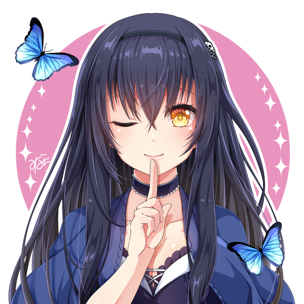 1girl ;) black_choker black_hair black_hairband blue_butterfly blue_capelet blush bone_hair_ornament bug butterfly capelet choker closed_mouth commentary_request crossed_bangs eyelashes finger_to_mouth frilled_capelet frilled_choker frills hair_between_eyes hair_ornament hairband index_finger_raised kushima_kamome lips long_hair looking_at_viewer one_eye_closed purple_background shidou_riko shushing signature simple_background skull_and_crossbones skull_hair_ornament smile solo sparkle straight-on straight_hair summer_pockets two-tone_background upper_body white_background yellow_eyes