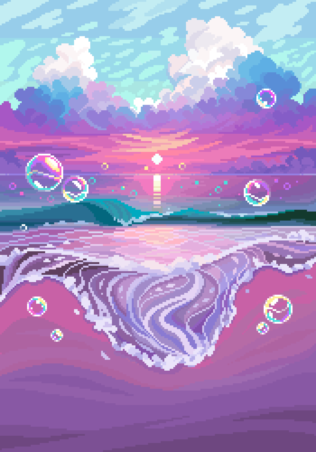 beach bubble clouds commentary english_commentary heart highres horizon jubilee_(8pxl) landscape no_humans ocean original outdoors pixel_art purple_theme reflection reflective_water scenery sky sun sunset waves