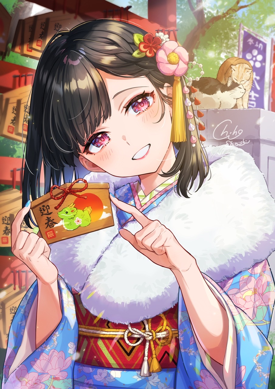 1girl black_hair blue_kimono blue_nails blush cat commentary_request ema floral_print_kimono flower furisode hair_flower hair_ornament head_tilt highres japanese_clothes kimono long_sleeves looking_at_viewer nail_polish obi original outdoors pink_eyes pink_flower sash shinishi_chiho sign signature smile tassel tree upper_body