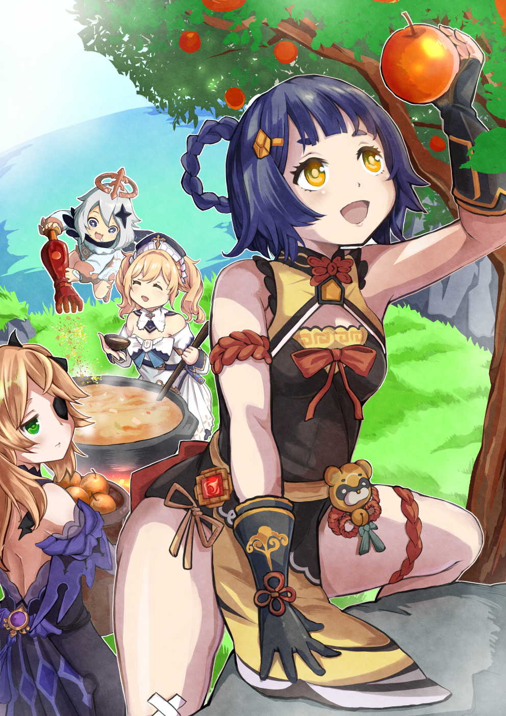 4girls apple apple_tree arm_up bandaid bandaid_on_knee bandaid_on_leg barbara_(genshin_impact) bare_shoulders black_gloves blonde_hair blue_hair braid braided_hair_rings carrying china_dress chinese_clothes climbing closed_eyes closed_mouth cooking cooking_pot dark_blue_hair day dress drooling eyepatch fischl_(genshin_impact) fisheye floating food fruit genshin_impact gloves gourmet_spicer green_eyes grey_hair guoba_(genshin_impact) hair_ornament hair_rings hairclip halo hatoboshi height_difference highres holding holding_food holding_fruit horizon long_hair looking_at_another looking_at_food looking_at_object looking_up mechanical_halo multiple_girls ocean one_eye_covered open_mouth outdoors paimon_(genshin_impact) short_hair sky sleeveless sleeveless_dress smile steam strapless strapless_dress thigh_strap tree twintails vision_(genshin_impact) water xiangling_(genshin_impact) yellow_eyes