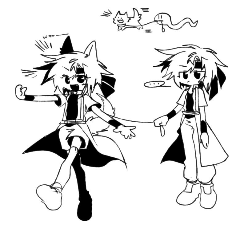 ... 2others androgynous animal_ears animalization closed_mouth coat commentary dog dog_ears dog_other dog_tail dual_persona greyscale headband holding holding_leash kurohebi leash len'en ling_s monochrome multiple_others open_clothes open_coat open_mouth other_focus pants shirt short_hair simple_background smile snake socks spoken_ellipsis symbol-only_commentary tail walking white_background wristband