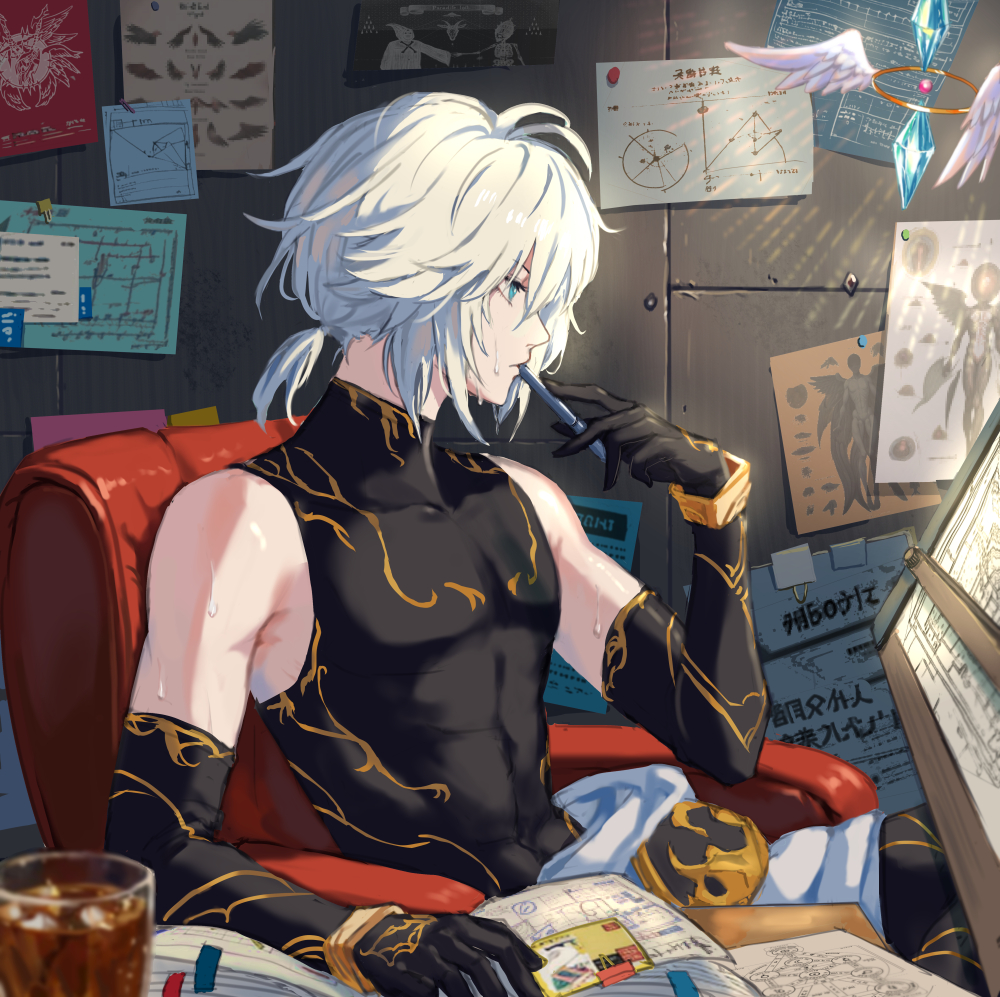 1boy black_gloves black_shirt blue_eyes book chair crystal cup drawing_(object) drinking_glass elbow_gloves feathered_wings gloves granblue_fantasy holding holding_pen indoors lucilius_(granblue_fantasy) male_focus open_book pen shirt short_hair short_ponytail sitting sleeveless sleeveless_shirt solo sw21159502 sweat toned white_hair wings