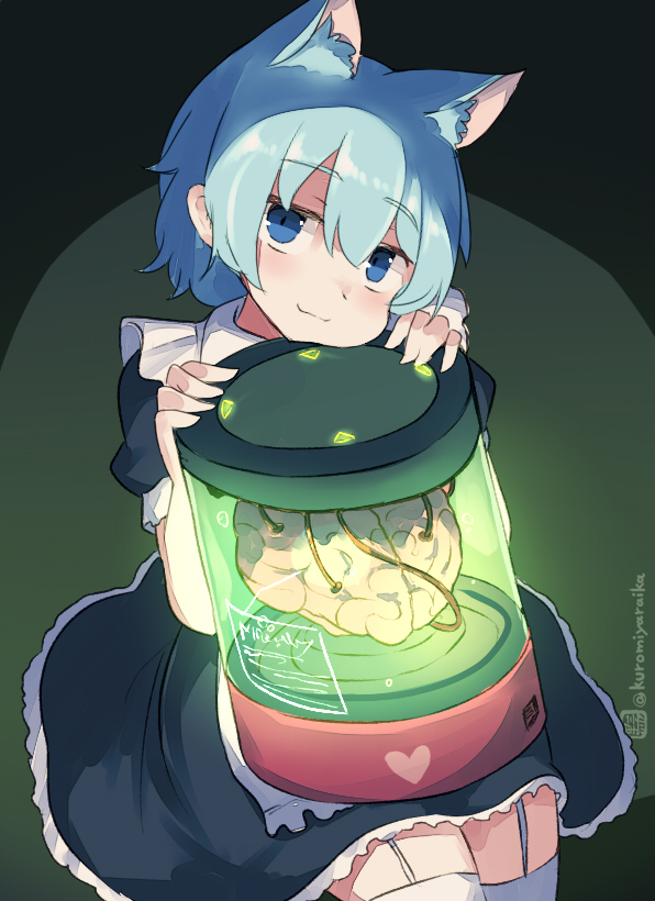 1girl animal_ear_fluff animal_ears apron black_dress blue_eyes blue_hair brain closed_mouth dress frilled_apron frills garter_straps glowing green_background hair_between_eyes hands_up heart kuromiya maid maid_apron misskey.io murakami-san_(misskey.io) one-hour_drawing_challenge puffy_short_sleeves puffy_sleeves short_sleeves smile solo thigh-highs twitter_username white_apron white_thighhighs