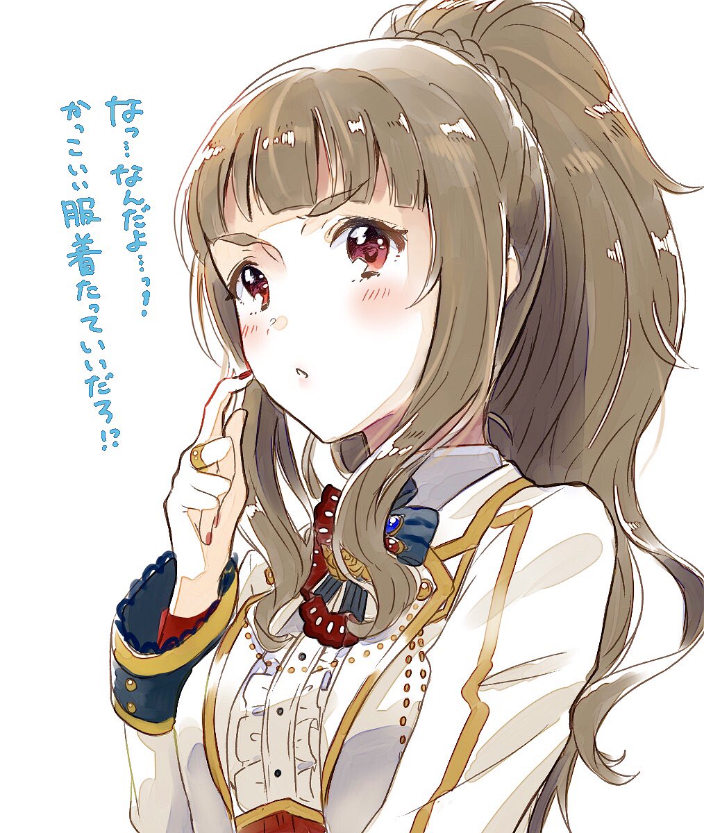 1girl blue_bow blue_bowtie blue_wrist_cuffs blush_stickers bow bowtie braid brown_hair buttons center_frills coattails collared_jacket commentary_request crown_braid eyelashes finger_to_cheek flower flower_brooch frills gold_ring gold_trim high-waist_skirt high_ponytail highres idol idolmaster idolmaster_cinderella_girls jacket kamiya_nao lace-trimmed_wrist_cuffs lace_trim layered_sleeves light_blush long_hair long_sleeves looking_at_viewer nail_polish open_clothes open_jacket parted_lips red_eyes red_nails red_skirt rose shirt sidelocks simple_background skirt solo striped striped_bow striped_bowtie thick_eyebrows translation_request upper_body v-shaped_eyebrows wavy_hair white_background white_jacket white_shirt white_sleeves witoi_(roa) wrist_cuffs