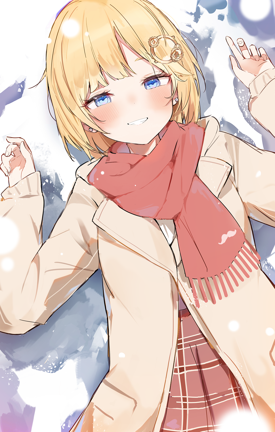 1girl blonde_hair blue_eyes blush bob_cut brown_coat brown_skirt coat earrings gear_hair_ornament hands_up highres hololive hololive_english jewelry looking_at_viewer lying mustache_print on_back orobou plaid plaid_skirt red_scarf scarf short_hair skirt smile snow solo stud_earrings virtual_youtuber watson_amelia winter_clothes