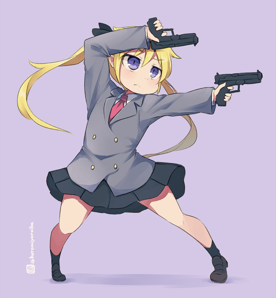 1girl black_footwear black_ribbon black_skirt black_socks blazer blonde_hair closed_mouth collared_shirt dual_wielding grey_jacket gun hair_between_eyes hair_ribbon holding holding_gun holding_weapon jacket kill_me_baby kuromiya loafers long_hair looking_to_the_side necktie one-hour_drawing_challenge pleated_skirt purple_background red_necktie ribbon school_uniform shadow shirt shoes simple_background skirt socks solo sonya_(kill_me_baby) twintails twitter_username very_long_hair violet_eyes weapon weapon_request white_shirt