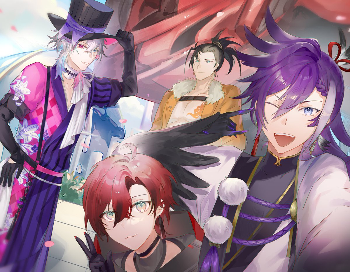 4boys :3 ahoge banzoin_hakka black_gloves black_hair blue_eyes blue_hair clouds cloudy_sky coat colored_skin english_commentary falling_petals feather_hair_ornament feathers fur-trimmed_jacket fur_trim gavis_bettel gloves green_eyes grey_hair hair_between_eyes hair_ornament half_gloves hand_on_own_hip hat hat_ribbon heterochromia high_ponytail holostars holostars_english jacket josuiji_shinri looking_at_viewer machina_x_flayon male_focus mecha michizure00 multicolored_coat multicolored_hair multiple_boys one_eye_closed open_mouth orange_jacket petals pink_eyes pink_hair purple_hair r-trus_(machina_x_flayon) ribbon robot scarf short_hair sky smile standing upper_body v virtual_youtuber white_scarf