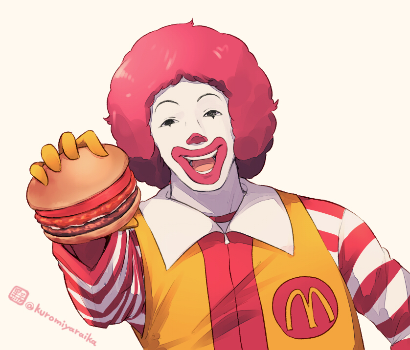 1boy :d afro black_eyes brown_background burger clown colored_skin facepaint food gloves holding holding_food jumpsuit kuromiya looking_at_viewer male_focus mascot mcdonald's one-hour_drawing_challenge red_lips redhead ronald_mcdonald simple_background smile solo striped_sleeves twitter_username upper_body white_skin yellow_gloves yellow_jumpsuit