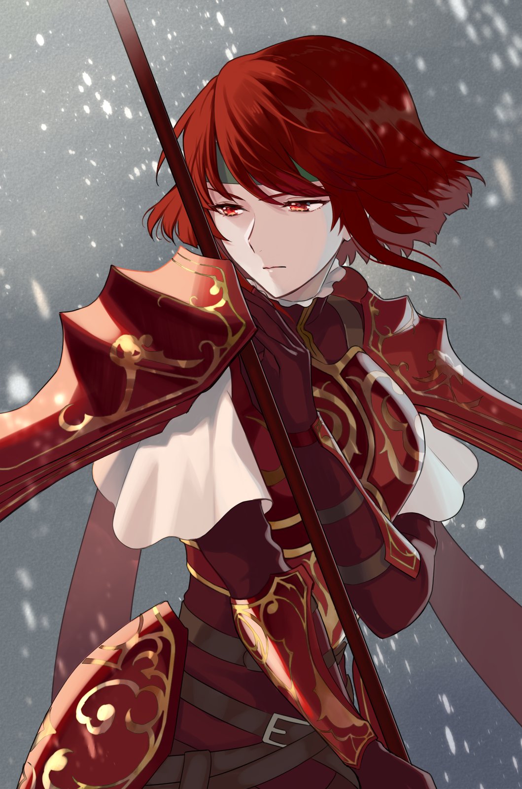 1girl armor breastplate closed_mouth fire_emblem fire_emblem:_mystery_of_the_emblem gloves green_headband headband highres hip_armor holding holding_polearm holding_weapon kiyuu looking_to_the_side minerva_(fire_emblem) polearm red_eyes red_gloves redhead short_hair shoulder_armor solo weapon
