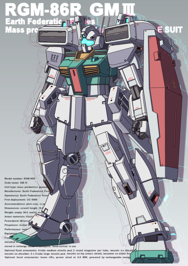 character_name clenched_hands commentary_request earth_federation english_text gm_iii gundam gundam_unicorn gundam_zz joy_(cyber_x_heaven) machinery mecha mecha_focus missile_pod mobile_suit no_humans radio_antenna robot roundel science_fiction shield vernier_thrusters