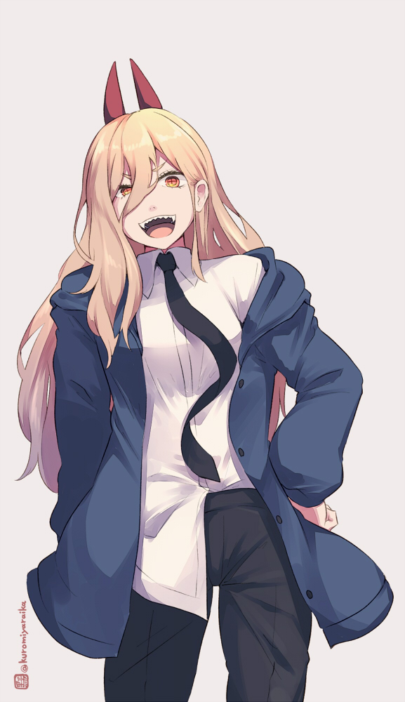 1girl :d black_necktie black_pants blonde_hair blue_jacket chainsaw_man collared_shirt dress_shirt eyebrows_hidden_by_hair grey_background hair_between_eyes hand_on_own_hip horns jacket kuromiya long_hair long_sleeves looking_at_viewer necktie off_shoulder one-hour_drawing_challenge open_clothes open_jacket pants power_(chainsaw_man) puffy_long_sleeves puffy_sleeves red_eyes sharp_teeth shirt short_eyebrows simple_background sleeves_past_wrists smile solo teeth thick_eyebrows twitter_username v-shaped_eyebrows very_long_hair white_shirt