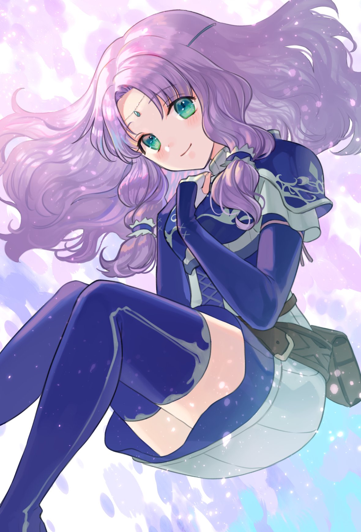 1girl armor blue_eyes blue_footwear blue_gloves boots closed_mouth dress elbow_gloves fingerless_gloves fire_emblem fire_emblem:_the_blazing_blade floating floating_hair florina_(fire_emblem) gloves highres kiyuu long_hair looking_at_viewer parted_bangs purple_hair shoulder_armor smile solo thigh_boots