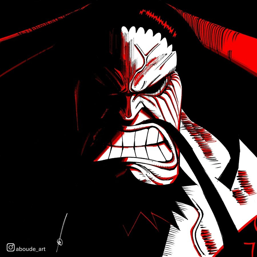 1boy aboude_art anger_vein artist_name beard black_hair clenched_teeth commentary facial_hair horns instagram_logo instagram_username kaidou_(one_piece) limited_palette long_hair male_focus mustache one_piece oni oni_horns signature solo teeth