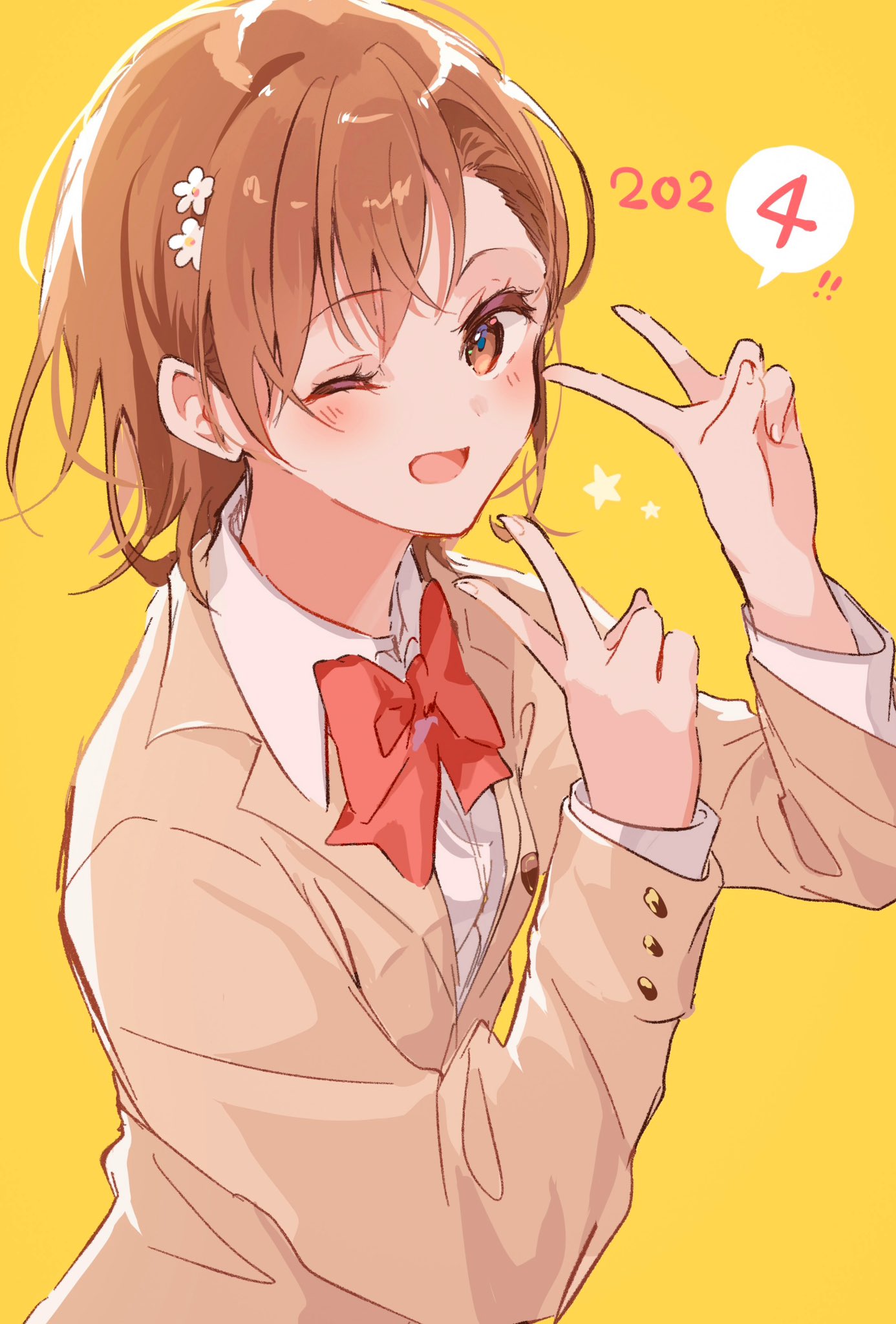 ! !! 1girl 2024 ;d blazer blush bow bowtie brown_hair brown_jacket collared_shirt commentary_request double_v flower from_side hair_between_eyes hair_flower hair_ornament highres himaneko. jacket long_sleeves looking_at_viewer medium_hair misaka_mikoto one_eye_closed open_mouth red_bow red_bowtie school_uniform shirt simple_background smile solo speech_bubble spoken_number star_(symbol) toaru_majutsu_no_index tokiwadai_school_uniform upper_body v white_shirt wing_collar yellow_background