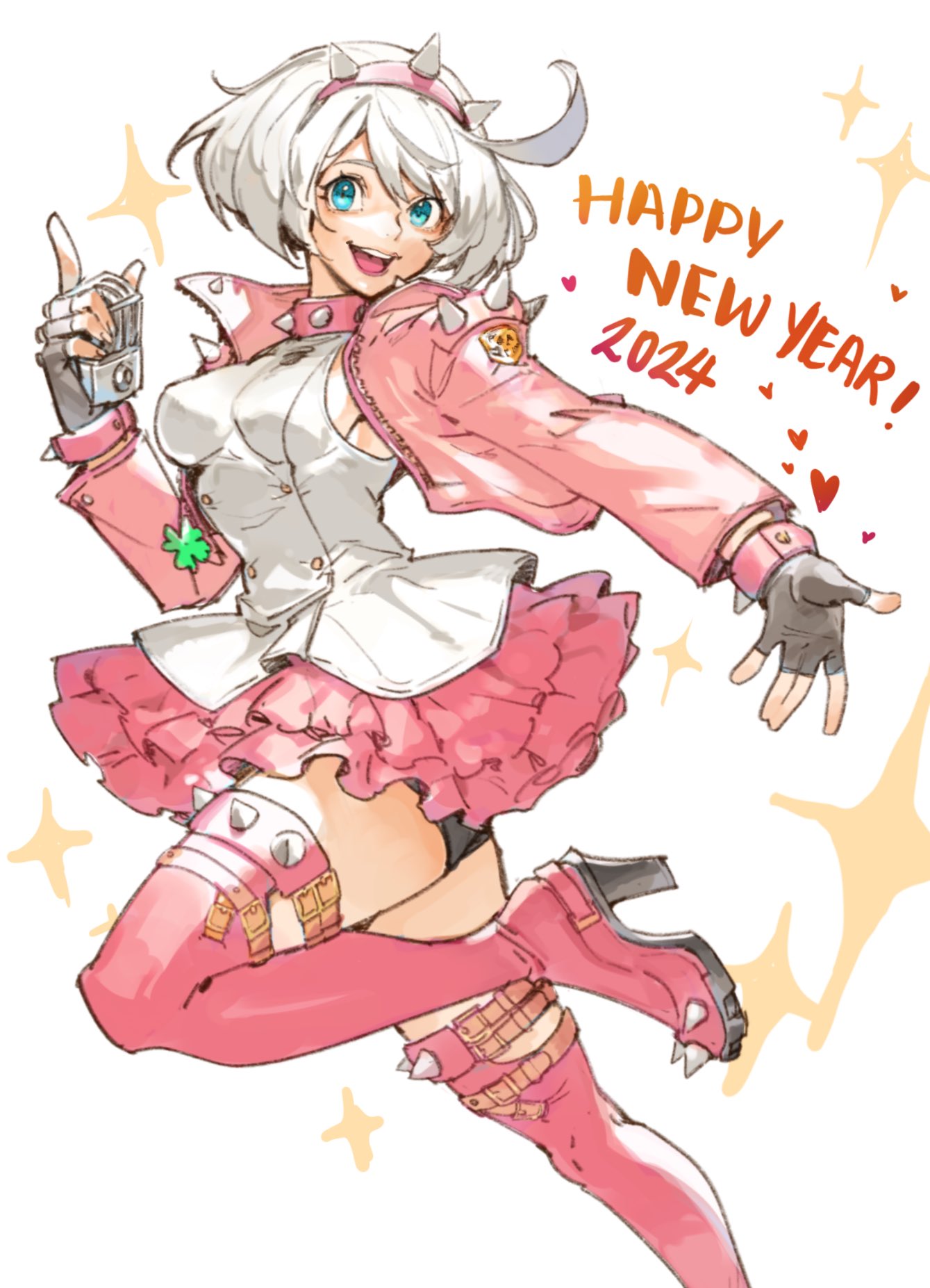 1girl 2024 ahoge aqua_eyes bike_shorts black_gloves black_shorts boots bracelet breasts clover collar dress elphelt_valentine fingerless_gloves four-leaf_clover frilled_dress frills full_body gloves guilty_gear guilty_gear_strive hairband happy_new_year highres holding holding_microphone huge_ahoge jacket jewelry large_breasts looking_at_viewer microphone open_mouth pink_dress pink_hairband pink_jacket short_hair shorts sideboob smile spiked_bracelet spiked_collar spiked_hairband spikes standing standing_on_one_leg thigh_boots two-tone_dress uncle_rabbit_ii white_dress white_hair