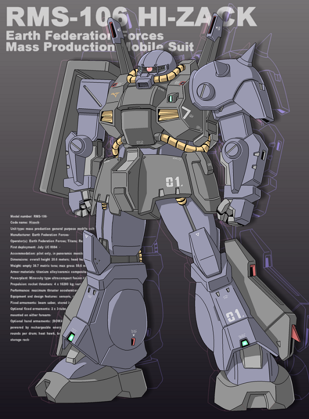 cable character_name clenched_hands commentary_request earth_federation emblem english_text gundam gundam_unicorn hizack joy_(cyber_x_heaven) mecha mecha_focus mobile_suit one-eyed robot science_fiction shield shoulder_spikes spikes titans_(gundam) vernier_thrusters violet_eyes zeta_gundam
