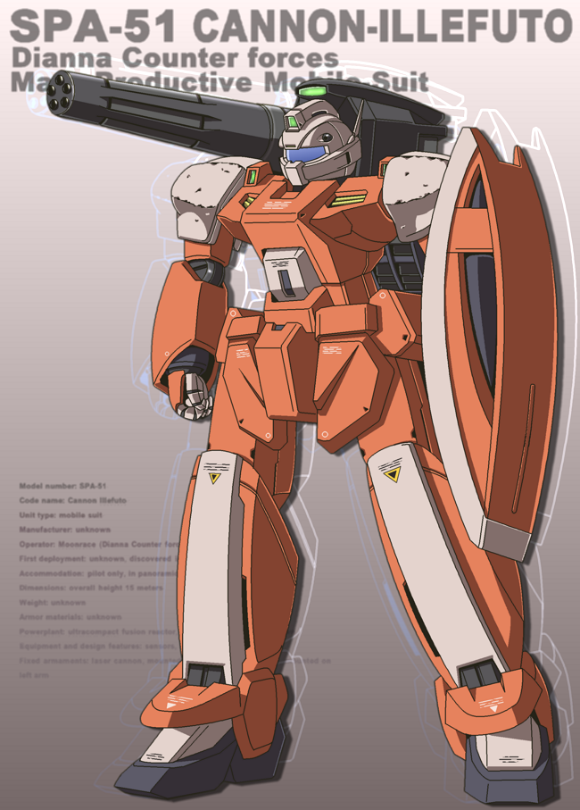cannon_illefuto character_name clenched_hand commentary_request concept_art damaged dirty english_text gatling_gun gundam joy_(cyber_x_heaven) mecha mecha_focus mobile_suit no_humans original radio_antenna redesign robot science_fiction shield shoulder_cannon turn_a_gundam