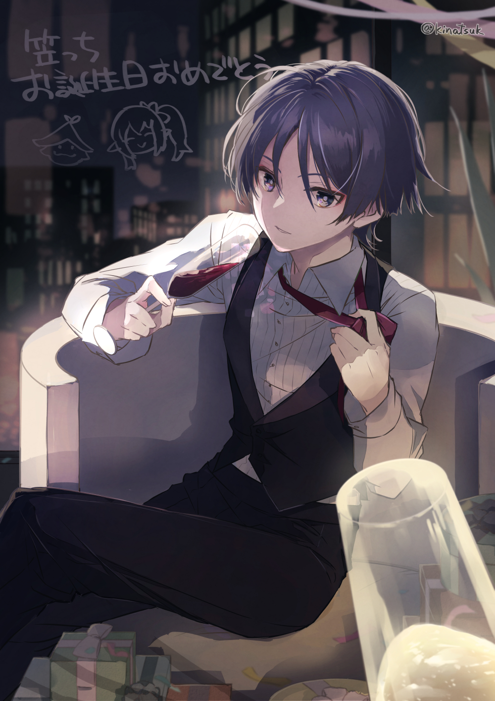 1boy alcohol alternate_costume aranara_(genshin_impact) backlighting black_pants black_vest bow bowtie building champagne champagne_flute collared_shirt commentary_request couch cup drinking_glass genshin_impact gift giving happy_birthday highres holding holding_cup kinatsu_k long_sleeves looking_at_viewer male_focus nahida_(genshin_impact) pants purple_hair red_bow red_bowtie red_wine scaramouche_(genshin_impact) shirt skyscraper solo_focus translation_request untying vest violet_eyes wanderer_(genshin_impact) white_shirt