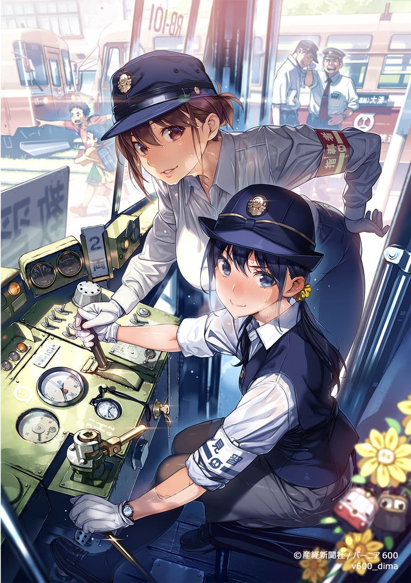 2girls 4boys armband artist_name black_pants blue_headwear blue_jacket breasts engine highres jacket leaning_forward looking_at_viewer multiple_boys multiple_girls necktie original pants red_armband red_necktie shirt sitting sweat train train_conductor vania600 white_armband white_shirt