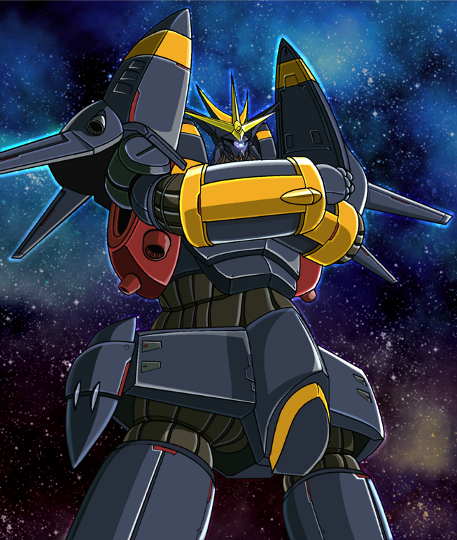 commentary_request energy gainax glowing gunbuster gunbuster_pose joy_(cyber_x_heaven) mecha nebula no_humans robot science_fiction space starry_background super_robot super_robot_wars thrusters top_wo_nerae! upper_body