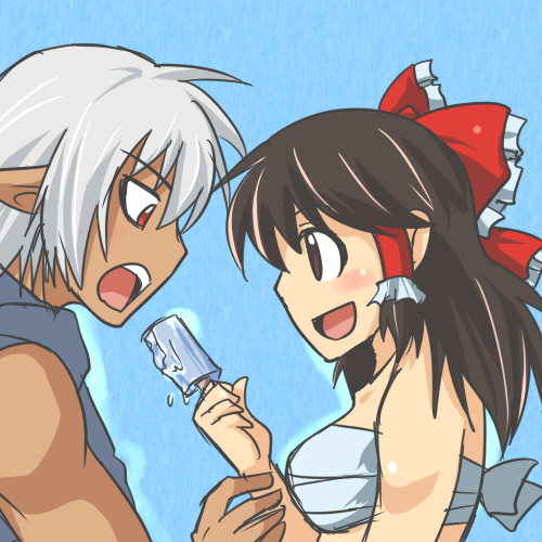 blush bow brown_eyes buront couple crossover elf elvaan final_fantasy final_fantasy_xi hair_bow hakurei_reimu koraku_gekki lowres pointy_ears popsicle red_eyes sarashi sharing short_hair silver_hair sleeveless the_iron_of_yin_and_yang touhou