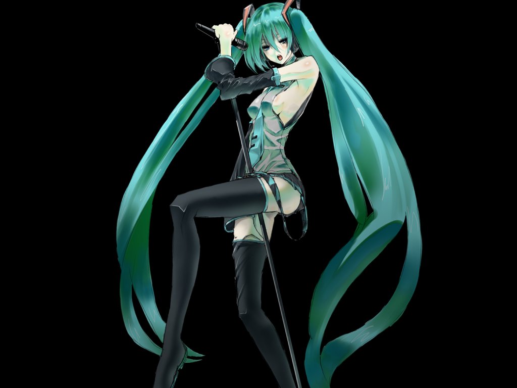 aqua_hair bad_id boots breasts detached_sleeves hand_on_thigh hatsune_miku idsuru legs long_hair microphone microphone_stand necktie open_mouth sideboob simple_background skirt solo thigh-highs thigh_boots thighhighs twintails very_long_hair vocaloid