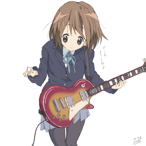 1girl brown_eyes brown_hair core_(mayomayo) guitar hirasawa_yui instrument k-on! pantyhose school_uniform solo