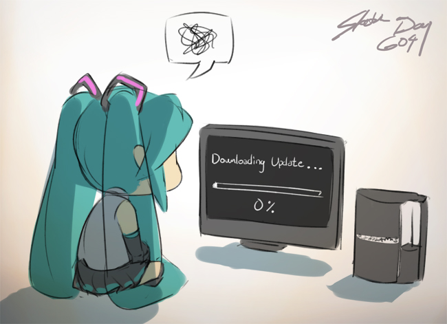 1girl aqua_hair chibi eu03 game_console hatsune_miku playstation_3 solo squiggle television truth twintails vocaloid