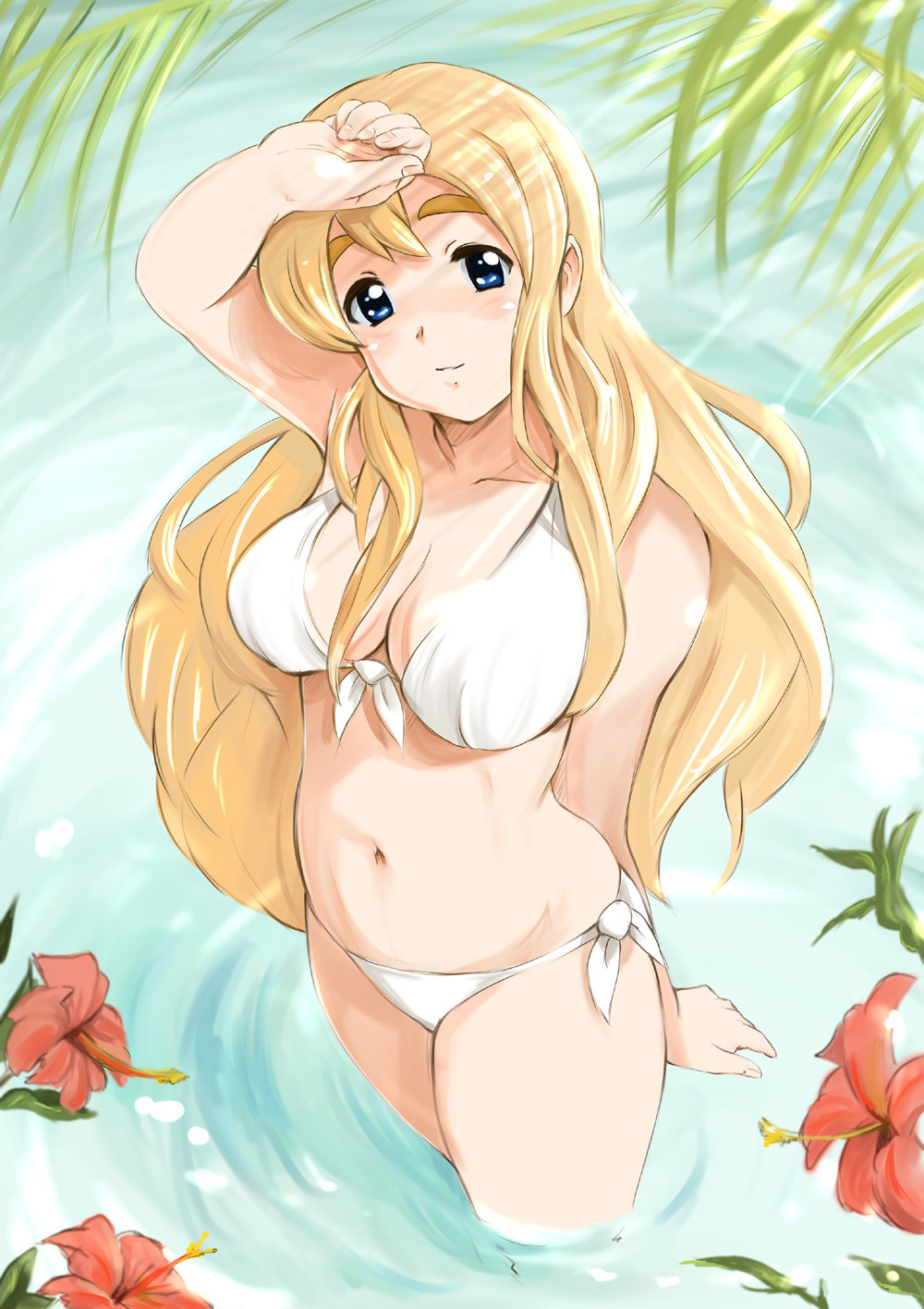 blonde_hair blue_eyes breasts cleavage flower front-tie_top funky-harem hibiscus highres k-on! kotobuki_tsumugi long_hair shu-z side-tie_bikini solo submerged swimsuit