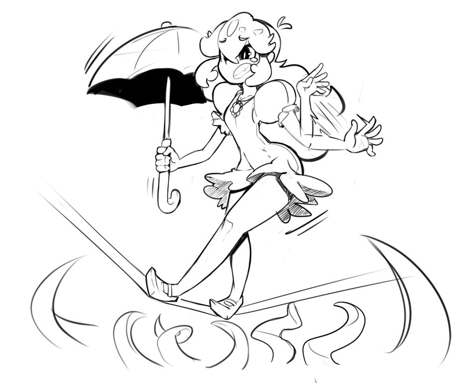 1girl balancing dress jewelry mary_janes minidress monochrome necklace no_headwear princess_peach puffy_short_sleeves puffy_sleeves sho-n-d shoes short_sleeves solo_focus super_mario_bros. tentacles tightrope umbrella