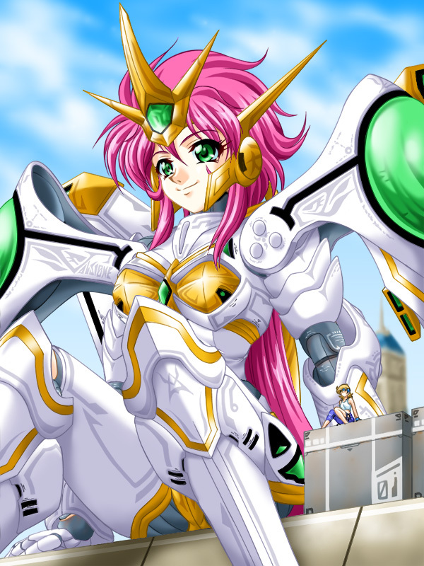 asymmetrical_clothes asymmetrical_clothing blonde_hair giantess green_eyes headband height_difference long_hair lune_zoldark majin_go! mecha pink_hair sitting smile super_robot_wars super_robot_wars_the_lord_of_elemental torn_clothes valsione valsione_r very_long_hair