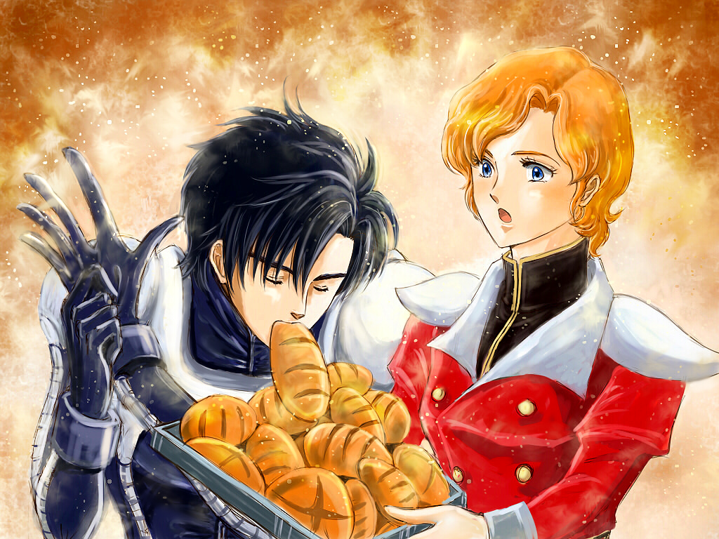 bread bread_in_mouth cecily_fairchild crossbone_gundam eating food gloves gundam open_mouth orange_hair pilot_suit rffcq251 seabook_arno short_hair surprise surprised
