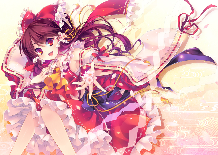 bow brown_eyes brown_hair cherry_blossoms detached_sleeves embellished_costume frills gathers hair_bow hair_ornament hakurei_reimu hand_on_own_chest hands open_mouth outstretched_hand petals red_eyes red_hair ribbon sayagata shinia skirt smile solo tassel touhou wide_sleeves