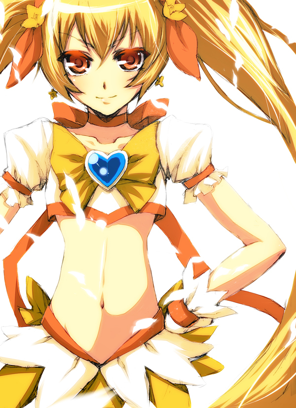 bad_id blonde_hair blush cure_sunshine dress heartcatch_precure! long_hair magical_girl midriff muff myoudouin_itsuki orange_eyes precure s_tanly skirt solo twintails very_long_hair white_background yellow_dress
