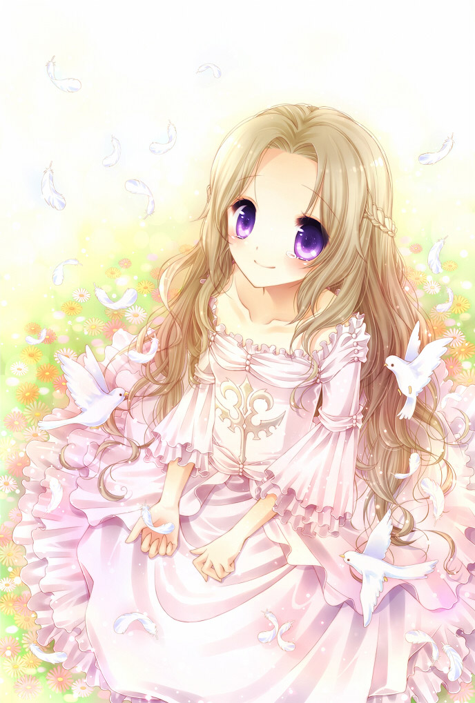 code_geass daisy dove dress feathers flower hoshisaki_yume long_hair nunnally_lamperouge open_eyes purple_eyes sitting solo tears violet_eyes