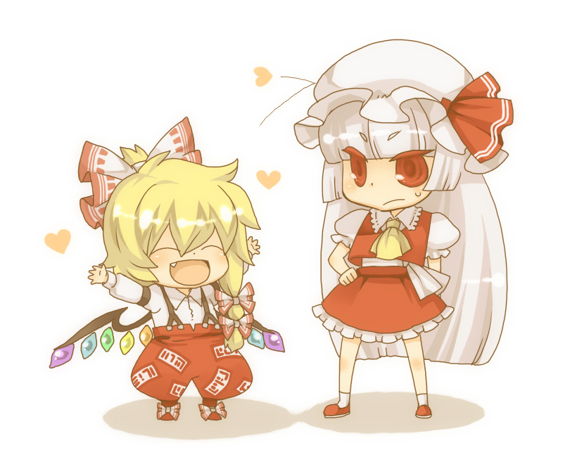 :d \o/ alternate_costume alternate_hairstyle angry arms_up blonde_hair blush bow chibi colored_eyelashes cosplay costume_switch duo eyelashes fang female flandre_scarlet flandre_scarlet_(cosplay) fujiwara_no_mokou fujiwara_no_mokou_(cosplay) hair_bow hair_ribbon hat heart hime_cut hood lan._(pixiv) long_hair multicolored multiple_girls open_mouth outstretched_arms red_eyes shoes short_hair side_ponytail silver_hair simple_background skirt smile socks suspenders sweatdrop touhou vampire white_background white_hair wings
