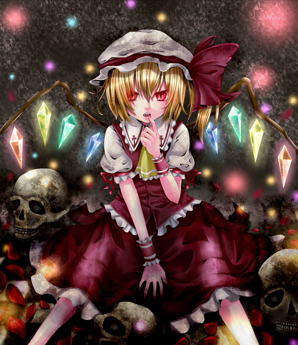 dabadhi finger_to_mouth flandre_scarlet glowing hat nail_polish red_eyes short_hair sitting skull slit_pupils solo touhou tsurime wings wrist_cuffs