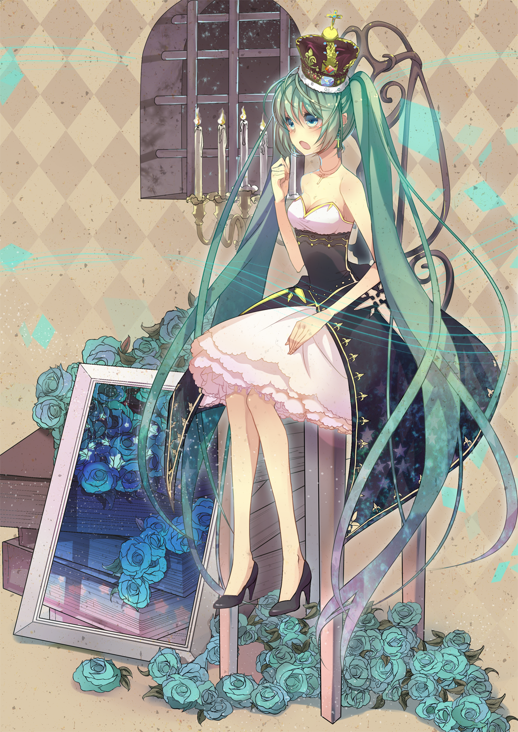 bad_id breasts candle cleavage crown dress earrings flower hatsune_miku high_heels highres jewelry long_hair necklace nicohi open_mouth rose shoes sitting strapless_dress twintails very_long_hair vocaloid window