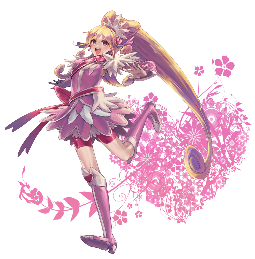 1girl aida_mana arm_warmers bike_shorts blonde_hair boots cure_heart curly_hair dokidoki!_precure earrings half_updo happy heart heart-shaped_pupils jewelry long_hair magical_girl mozu_suka pink_eyes ponytail precure shorts_under_skirt skirt smile solo symbol-shaped_pupils